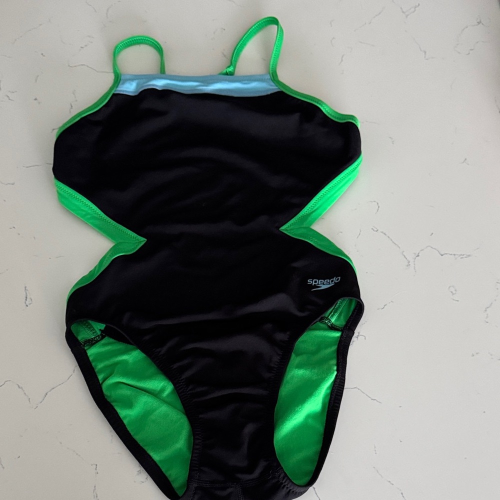 Speedo Black One-Piece Swimsuit with Bright Green Trim 32 6